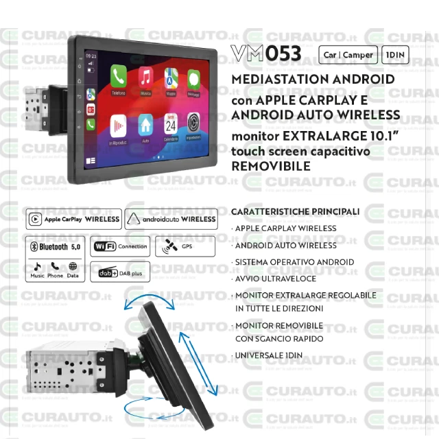 PHONOCAR VM053 STEREO SCHERMO AUTORADIO UNIVERSALE CARPLAY ANDROIDAUTO BLUETOOTH - Immagine 2 di 4