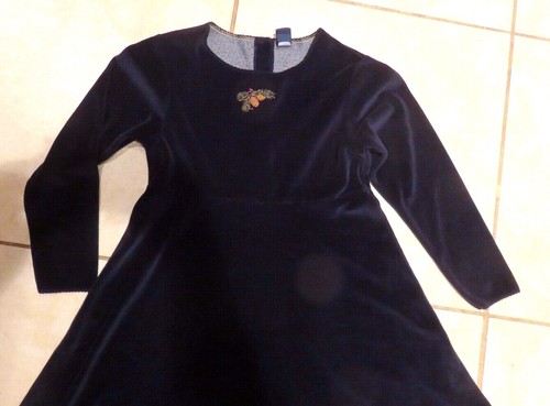 Land's End Midnight Blue LS Girl's Velveteen Dress with Embroidery Trim Size 10 - Picture 2 of 9
