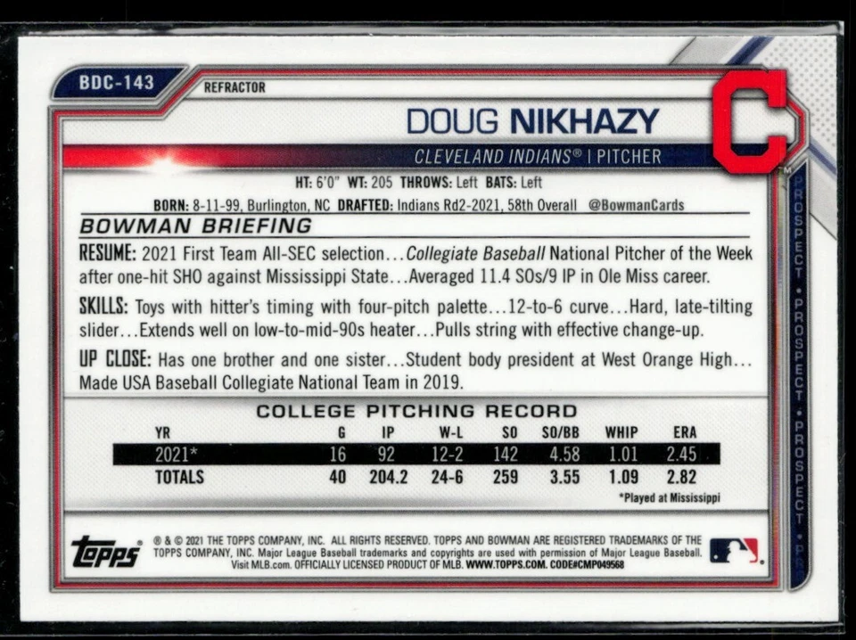 2021 Bowman Chrome Draft Refractor #BDC-143 Doug Nikhazy RC - Image 2 of 2