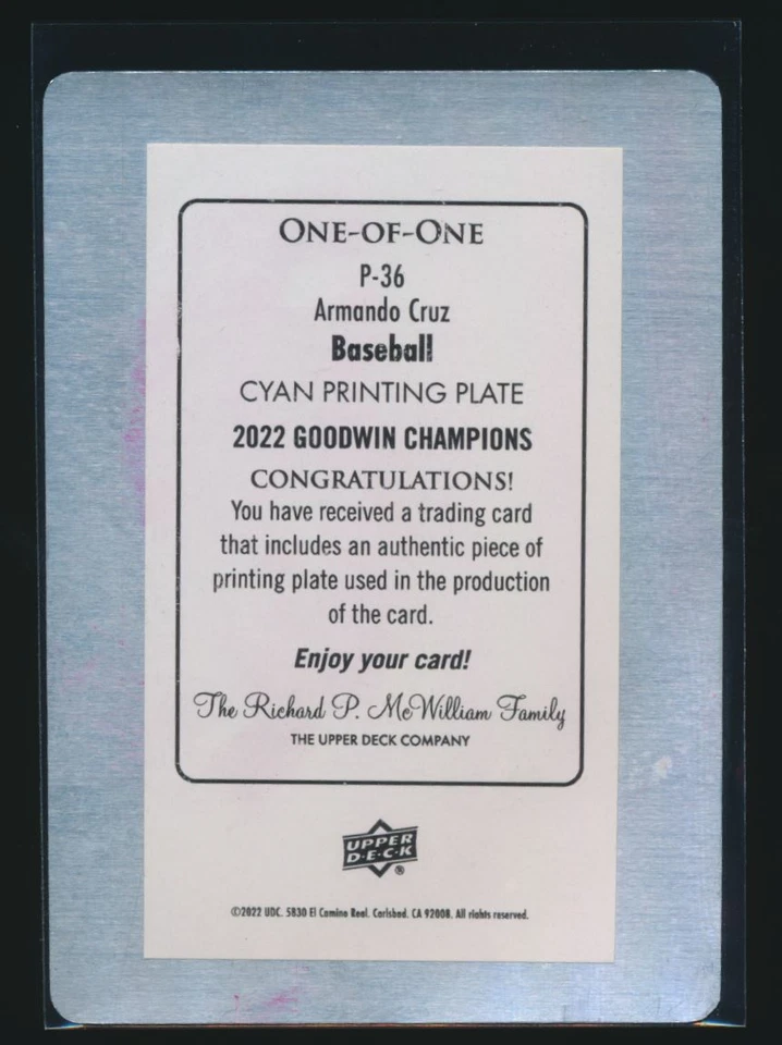 2022 Goodwin Champions Portrait Printing Plate Blue #P-36 Armando Cruz RC 1/1 - Image 2 of 2