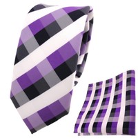 Schmale Tigertie Krawatte + Einstecktuch Lila Blau Royal Weiß Kariert