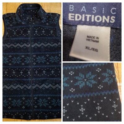  Women's Basic Editions Blue Grey Nordic Fair Isle Fleece Zip Up Vest Size XL 