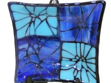 Spider Webb Tray Ashtray Trinket Dish Halloween Turquoise Blue Glass Square USA