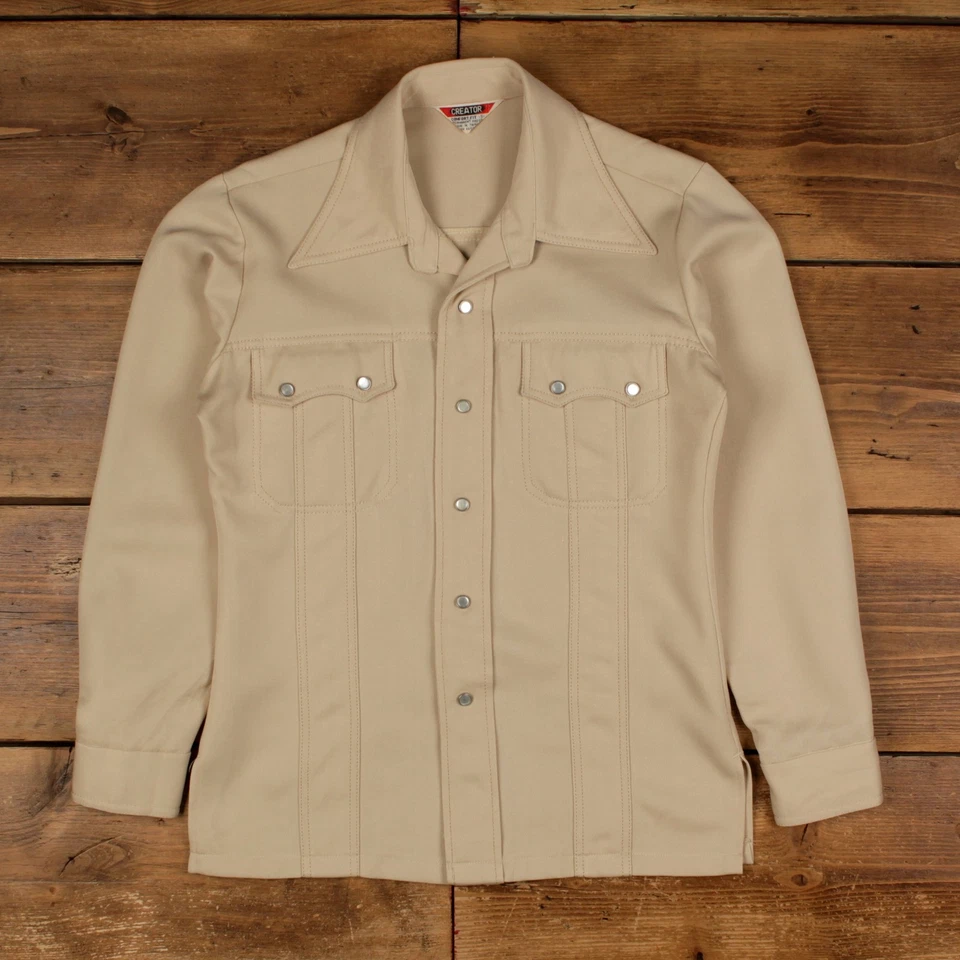 Vintage Creator Western Shirt Snap S 80s Mens Long Sleeve Cream Solid