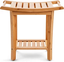 Bamboo Shower Bench with Handles and Shelf – Waterproof Stool for Inside Shower,