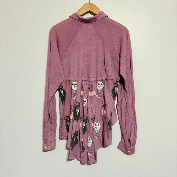RARA Camisa Wildfox Malva Estampado de Gato Abotonada Mangas Largas Corte Cónico Pequeña Foto 4 de 4