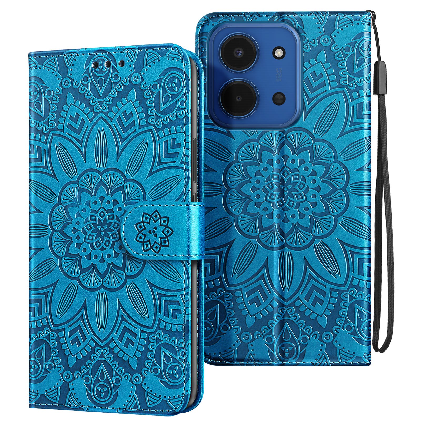 Protection Redmi 15C Étui Portefeuille Bleu Mandala Housse Cuir avec Porte-Carte