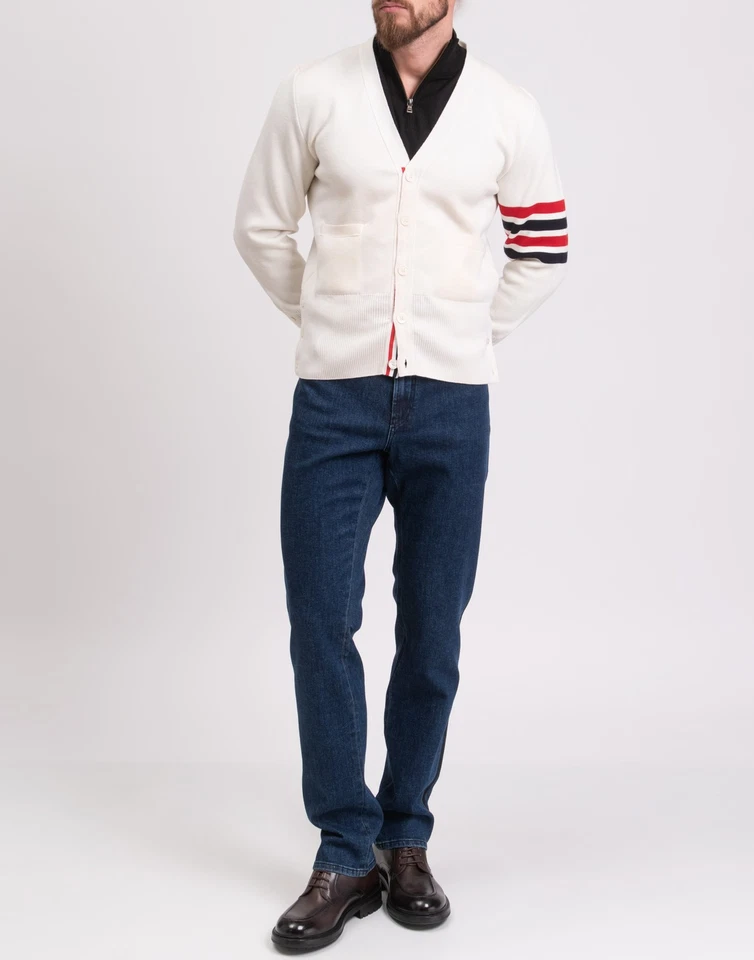 RRP€1550 THOM BROWNE Merino Wool Cardigan Size 2 M Ivory V-Neck Made in Italy - Image 2 of 4