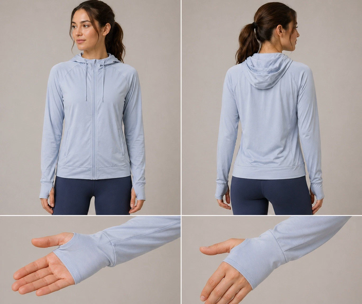 Mondetta Women's Light Blue Full Zip Hoodie L Lightweight Thumb Holes Hood