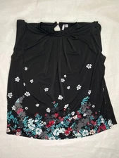 Elle Floral Print Tank Top sleeveless Ruffle Tie front Blouse Size Large Black