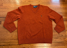 Vintage Polo Ralph Lauren 100 Lambswool V-Neck Sweater Mens XL Orange Pony