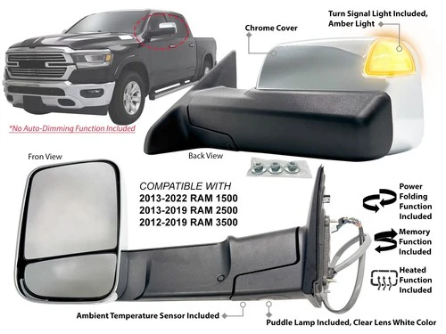 Towing Mirror for RAM Pickup Power Folding Memory Puddle Signal Lamp Driver Side