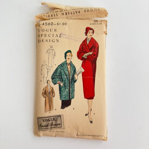 Vogue Special Design S-4560 Vintage 1954 Coat Pattern Bust 38” Hips 33” Size 12