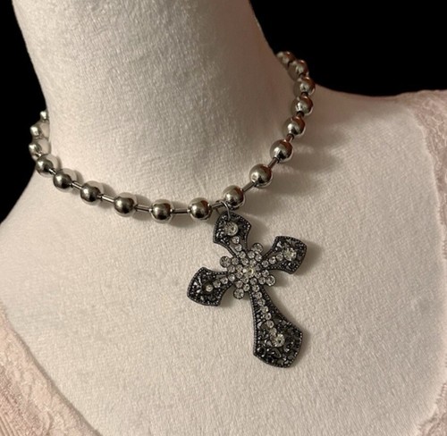 Big Large Silver Goth Statement Cross Pendant Charm Beaded Necklace New - Picture 11 of 15