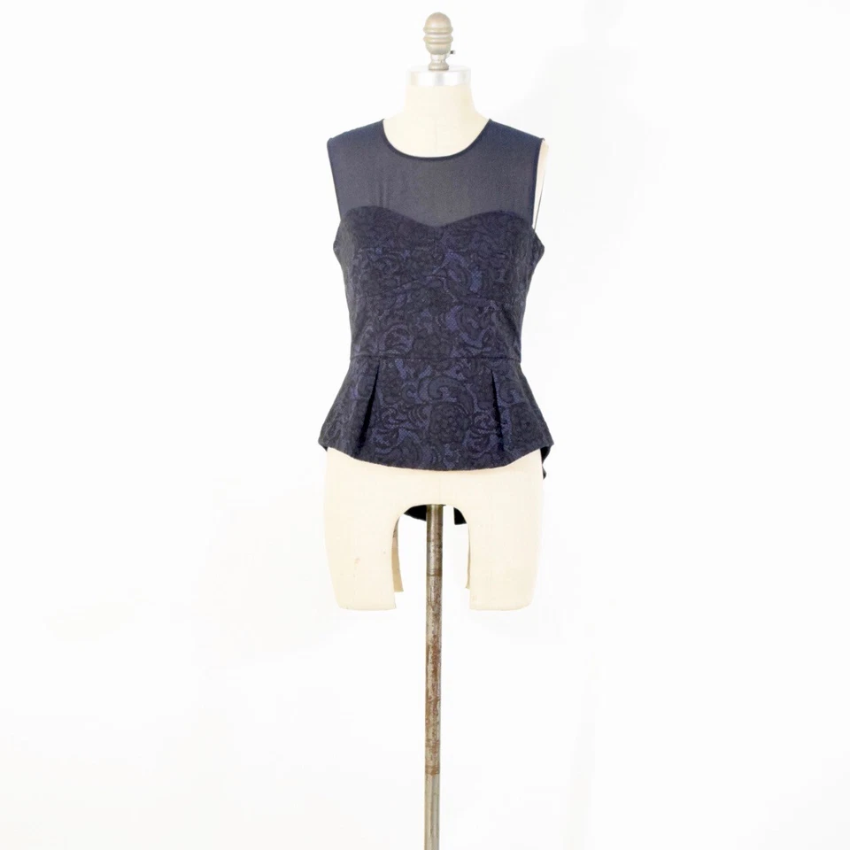 Blusa BCBG Max Azria S Azul Marino Jacquard Encaje Sweetheart Bustier Peplum Top Foto 3 de 4