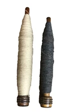 Antique Spools Wooden with Thread Yarn Spindle Bobbin Farmhouse Set of 2