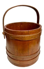 Vintage Firkin Wooden Sugar Bucket - Fingered Bands - Bentwood Handle - No Lid