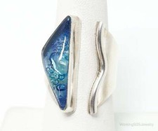 Vintage Blue Dichroic Glass Modernist Sterling Silver Wrap Ring SZ 8.25