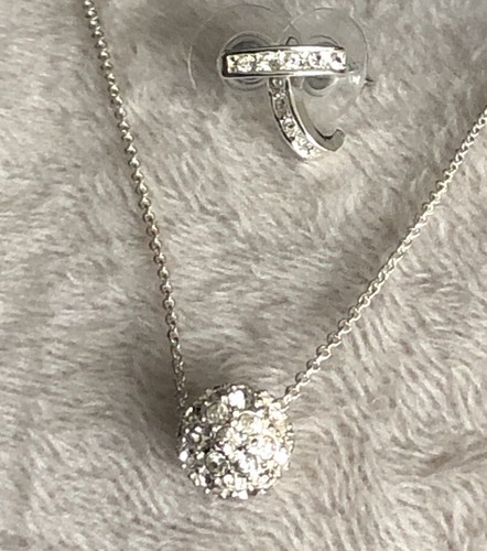 Vintage RMN Silver Tone Crystal Ball Necklace & Huggie Earring Set 18''