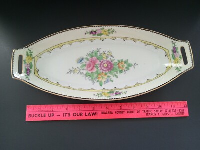 Noritake China Relish Celery Yellow Oval Dish Gold Flowers Hand Painted 12 