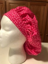 Scrub Hat Medical Nursing Chemo Red White Floral Cotton Fabric