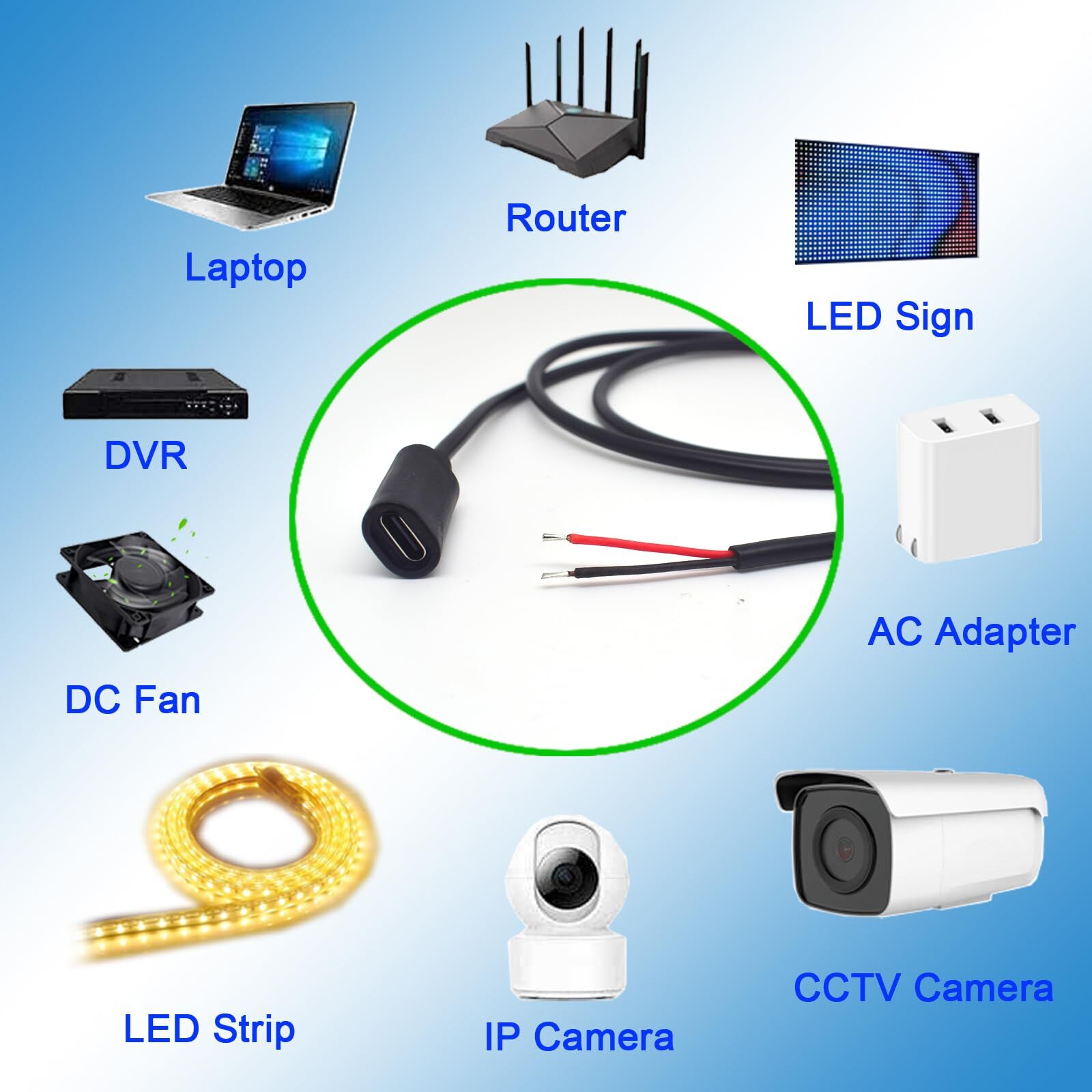 2PCS USB Type C Female Pigtail0.3M/1Feet 22AWG USB C Female Plug to 2 Pin Bar...