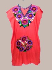 Mexican Embroidered Floral Women's Dress L, XL Coral New Peasant