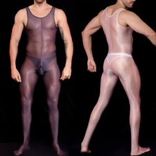 Mens Ultra Sheer Shiny Glossy Bodysuit Jumpsuit Catsuit Open Crotch Bodystocking