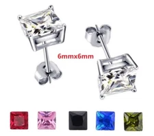 6mm Men Women Sterling Silver Post Square Cubic Zirconia Stud Earrings PE23