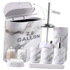 Bathroom Accessories Set, 9-Piece Marble White Bathroom Bath Set White Marble