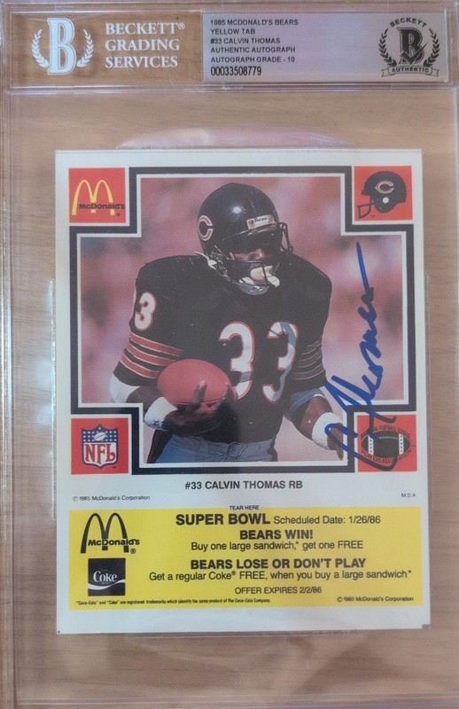 1985 McDonald's Chicago Bears - Calvin Thomas #33 Super Bowl Yellow Tab RC Auto