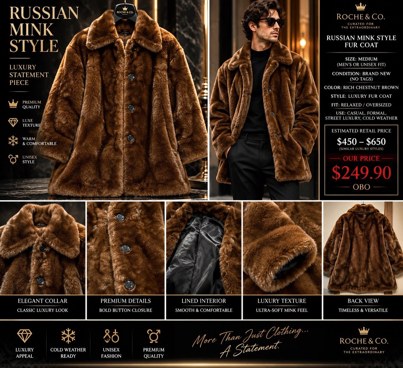 Russian Mink Style Coat Men M Rich Chestnut Brown elegant standout Buttons new - product detail image 8