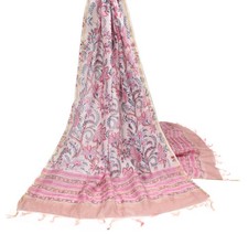 Sushila Vintage White Floral Dupatta Pure Cotton Silk Hand Block Long Stole Wrap