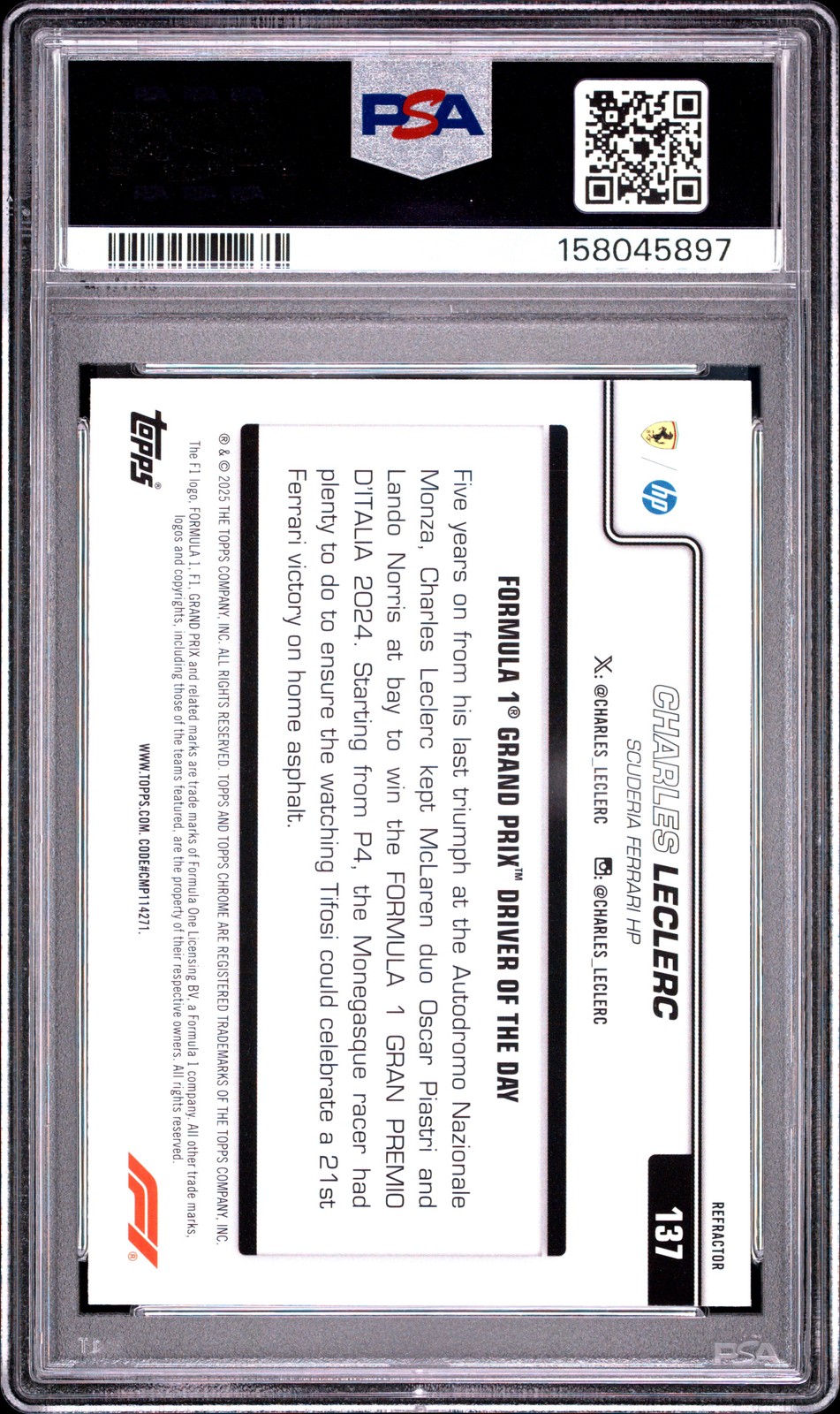 2025 TOPPS CHROME FORMULA 1 REFRACTOR #137 CHARLES LECLERC PSA 10 view 2