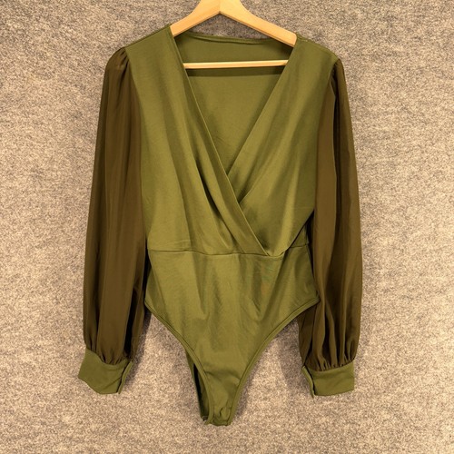 SheIn Bodysuit Women L Large Green V-Neck Long Sleeve Opaque Solid Casual - Picture 1 of 5