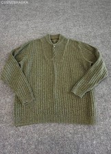 Eddie Bauer Men's Vintage 90s Green Mock Neck Henley Rib Knit Cotton Sweater L