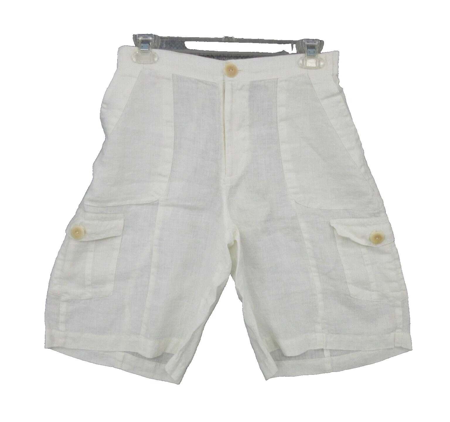 FLAX Designs Linen Shorts XS Cargo Solid White Button Closure Elastic Waist New