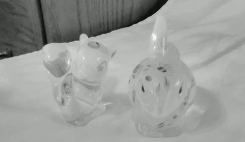 Vtg Fenton Satin Glass Animal Set - Hand Painted Bunny & Squirrel - Signed S. Br