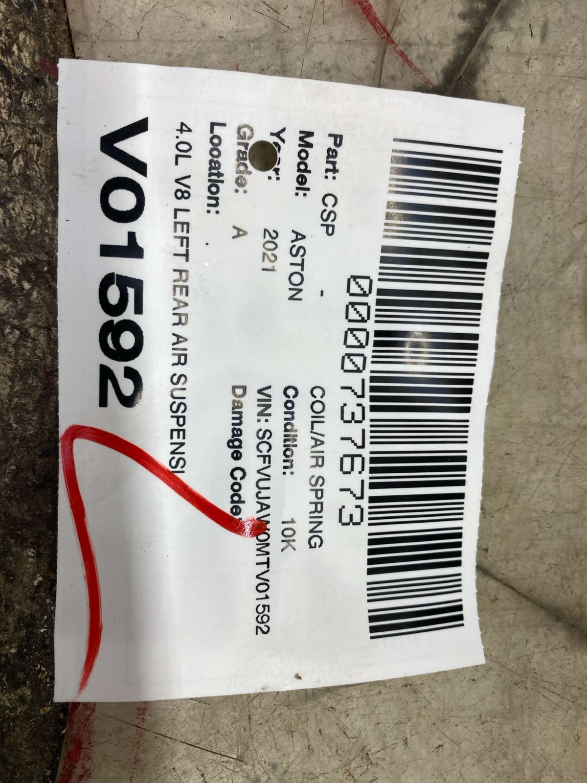 2020-2024 ASTON MARTIN DBX 4.0L V8 LEFT REAR AIR SUSPENSION SPRING MY83-5B907-AA