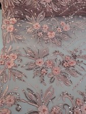 3D Floral Lace Fabric Blush Pink Beaded Sequin Tulle Bridal Couture