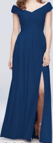 David’s Bridal Navy Blue Off Shoulder Bridesmaid Dress Size 8 Formal Gown Slit