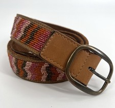 LUCKY BRAND Women's Brown Leather Beaded Belt Boho Southwestern Festival Large