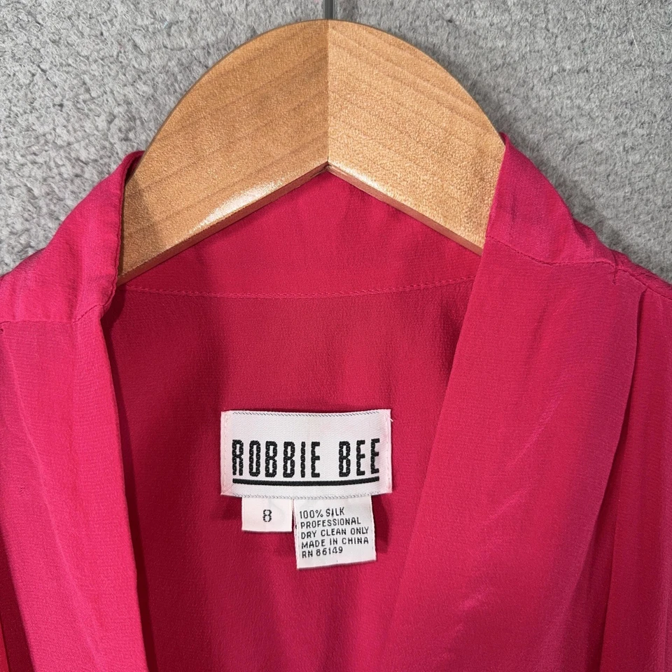 Vestido de seda rosa vintage para mujer 8 pequeño manga corta corbata frontal midi años 80 90 Foto 3 de 4