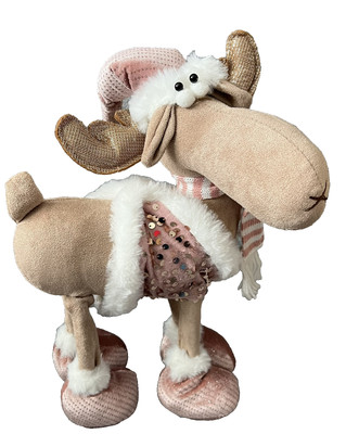 Plush Free Standing Stand Up Moose Decked Out In Pink Christmas Attire. NEW