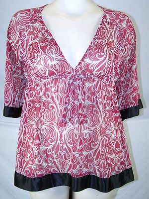 Womens Top Extra Large Red White Gold V Neck Sheer So Wear It Declare it Ladies