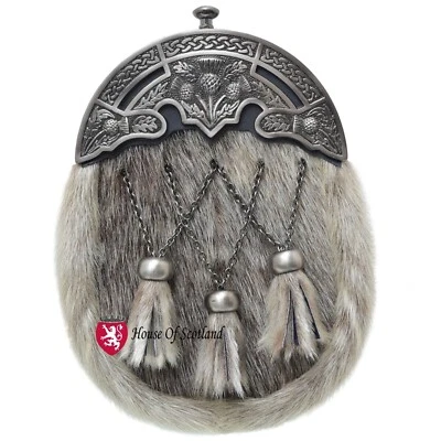 HOUSE OF SCOTLAND Full-Dress Scottish Kilt Sporran with Celtic Thistle Cantle Antique Chain Belt