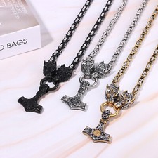 Men's Viking Wolf Head Thor's Hammer Heavy Pendant Amulet Necklace 24in Chain