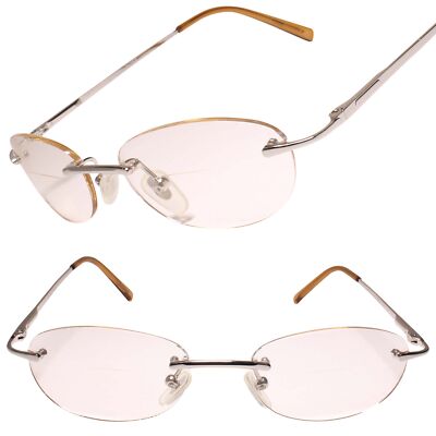 Rimless Silver Brown Tinted Oval Lens Bifocal Reader Reading Glasses 
