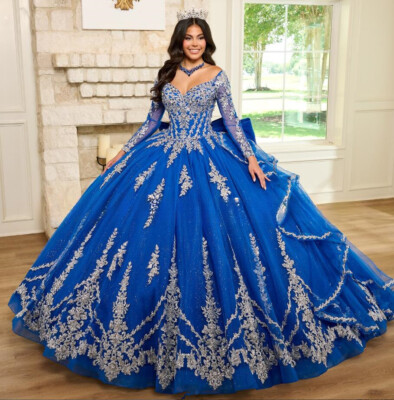 Blue Princess Long Sleeve Quinceanera Dresses Ruffles Appliques Corset  Sweet 16 | eBay