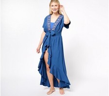 America  Beyond Embroidered Tie Waist Caftan-Navy Multi-XS-NEW-A614070